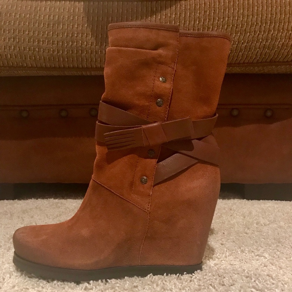 Sundance Suede Rust Brown Wedge Ankle Boots